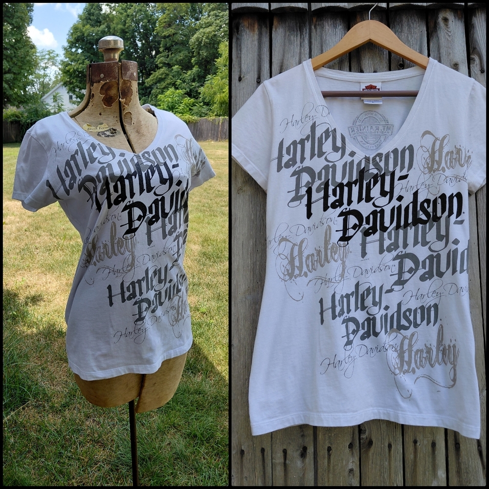 Harley Davidson 2014 script font graphic print tee Womens L fitted script tshirt